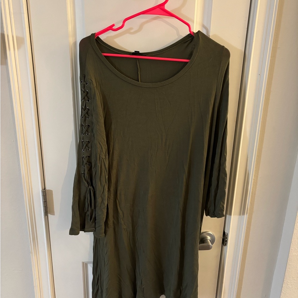 Olive Green Tunic Dress with Lace-Up Sleeves Size L